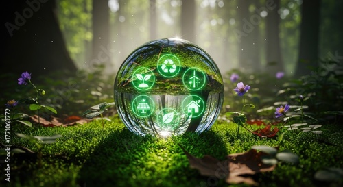 Luminous Glass Sphere Showcasing Green Sustainability Icons Amidst a Vibrant, Sun-Drenched Forest Floor