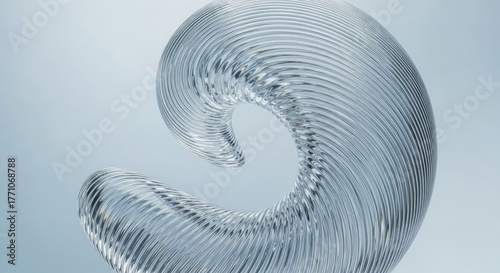 Fototapeta Naklejka Na Ścianę i Meble -  Modern Abstract Transparent Glass Sculpture with Dynamic Ribbed Wave and Spiral Form