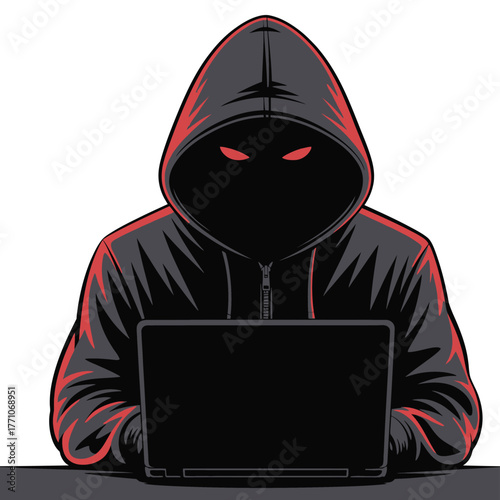 Minimalistic isolated vector illustration of hacker concept showing anonymous person in hoodie using laptop, cyber security threat, digital crime, data theft, internet privacy, and hacking design