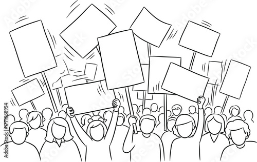 Crowd of diverse people holding blank signs and banners at a protest or demonstration event