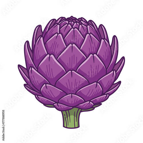 Stylized vector illustration of a purple artichoke vegetable. A clean, isolated graphic drawing of a fresh edible flower for healthy eating concepts