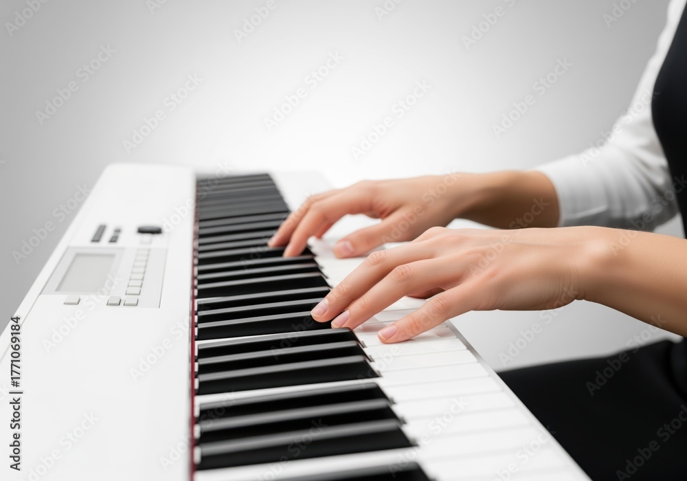 Fototapeta premium Close up of woman hands playing white digital piano keyboard keys music performance.