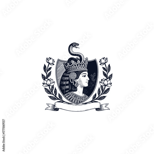 Vintage Egyptian Queen crest logo vector illustration. Engraving style emblem featuring an Ancient Queen (Cleopatra) with a snake crown, framed by a shield, lotus flowers, and a banner ribbon