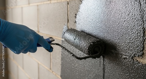 Worker's hand in blue glove applying thick dark grey waterproof coating to a concrete block wall with a paint roller