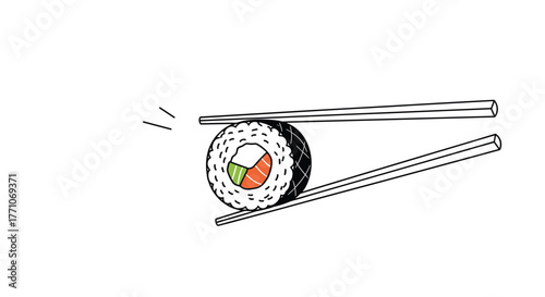 Hand-drawn illustration of a delicious sushi maki roll with vibrant green, white, and salmon ingredients, perfectly grasped by chopsticks.
