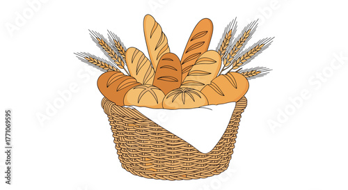 A delightful illustration of a rustic wicker basket overflowing with a variety of freshly baked bread loaves, baguettes, and rolls, adorned with golden wheat.