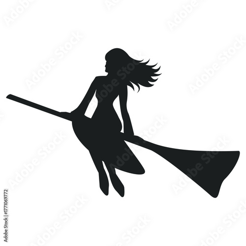 Silhouette of a witch flying on a broomstick. Vector illustration for Walpurgis Night or Halloween decor.