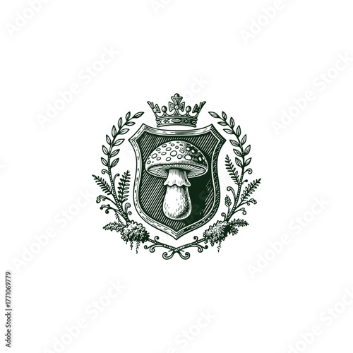 Vintage royal mushroom crest logo vector illustration. Engraving style emblem featuring a mushroom, ferns, and foliage framed by a shield, crown, and laurel wreath