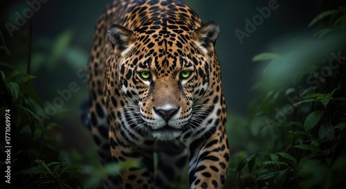 Majestic jaguar with piercing green eyes emerges from the dense, rain-soaked jungle, its powerful presence and stunning spotted coat captured in a captivating close-up.