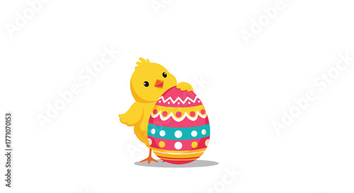 A cute little yellow chick happily holds onto a vibrantly decorated Easter egg, perfect for spring holiday celebrations.