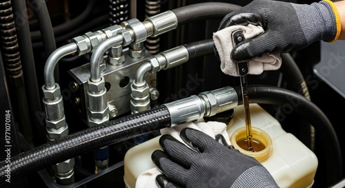 Gloved hands of a technician checking the hydraulic fluid level in a machinery reservoir during routine maintenance and inspection