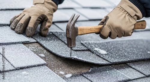 Close-up of a worker's gloved hands using a hammer to repair or install frosted asphalt roof shingles during cold weather