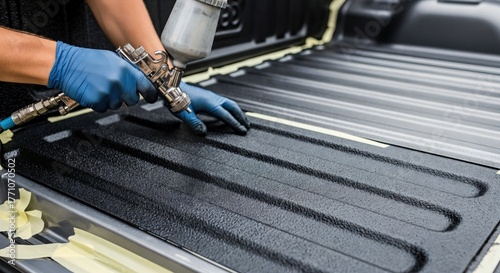 Worker applying durable black protective spray-on bedliner coating to a pickup truck bed for enhanced vehicle protection and rugged finish