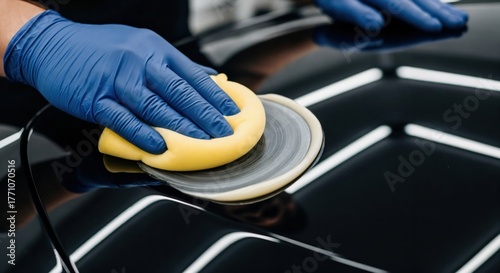Professional car detailing service with a gloved hand polishing a sleek black vehicle surface using a sponge and rotary buffer for a brilliant shine