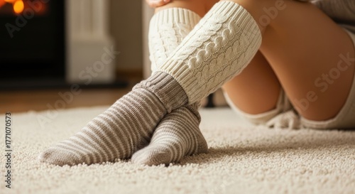 Cozy winter comfort with warm cable-knit leg warmers and striped socks on a plush carpet by a blurred fireplace, highlighting relaxation and home warmth.