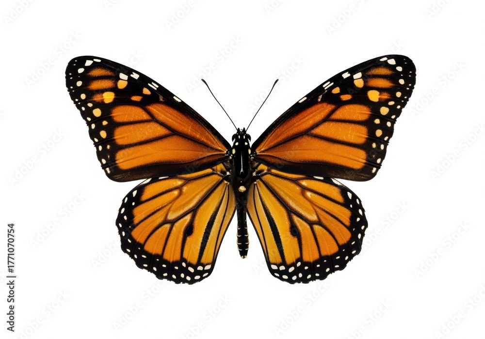 Fototapeta premium Vibrant monarch butterfly specimen with detailed orange and black wings isolated on white