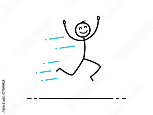 Joyful Stick Figure Celebrating Success with Energetic Movement and Blue Streaks
