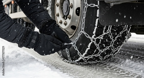 Gloved hands fitting metal snow chains onto a large vehicle tire in a snowy winter environment, ensuring traction for safe driving conditions