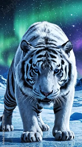 Majestic white tiger strolling across icy landscape beneath aurora borealis