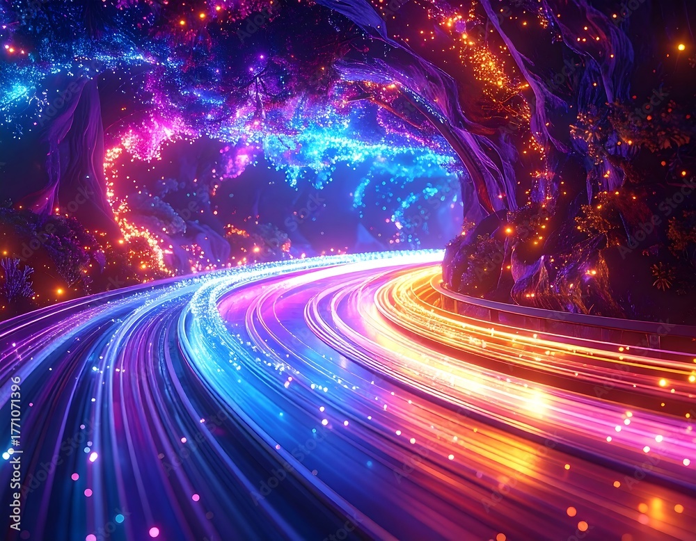 Fototapeta premium Illuminated tunnel with glowing light streaks, cosmic fantasy view