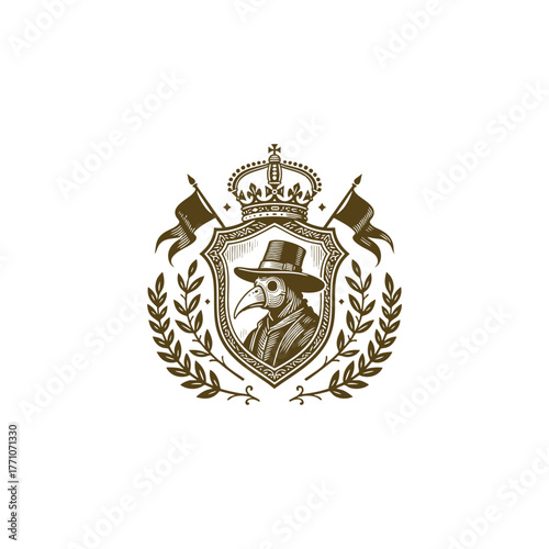 Vintage Plague Doctor crest logo vector illustration. Engraving style emblem featuring the historical figure with a beak mask and hat, framed by a shield, crown, flags, and laurel wreath