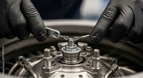 Professional technician's gloved hands meticulously performing safety wiring on a critical aerospace or industrial engine component, ensuring secure assembly and reliability.