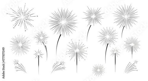 A collection of hand-drawn stylized fireworks illustrations, perfect for festive celebrations and holiday designs, isolated on a white background.