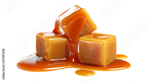 Caramel Candy Cubes Stacked with Syrup Drizzle on Transparent Background for Confectionery Sweetness Still Life, PNG