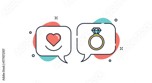 Two speech bubbles illustrate a conversation about love and commitment, with a heart and an engagement ring icon.