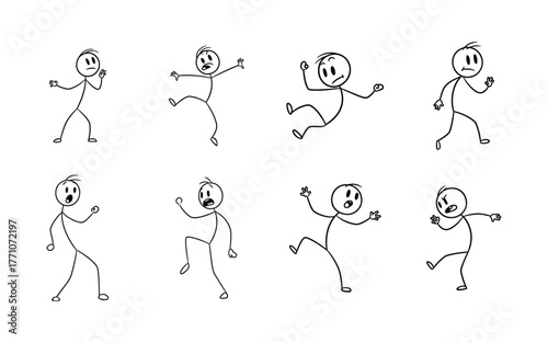 Set of stick figures in various poses of distress, surprise, and movement