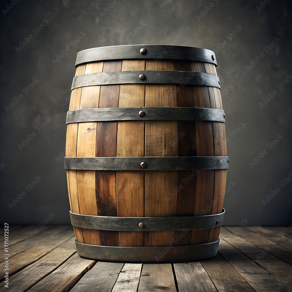 Fototapeta premium A rustic wooden barrel with metal bands sits on a weathered wooden floor against a dark textured background evoking a sense of history and tradition