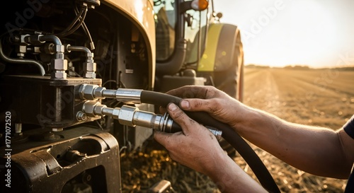 Agricultural Machinery Maintenance: Close-Up of Hands Connecting Hydraulic Hoses on a Tractor in Golden Hour Light