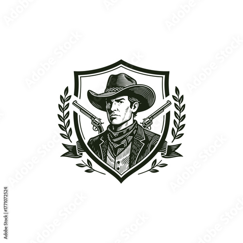 Vintage cowboy outlaw crest logo vector illustration. Engraving style Western emblem featuring a man with a hat and two revolvers, framed by an ornate shield, laurel wreath, and banner ribbon