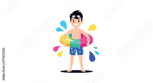 A smiling young boy in swimming goggles and blue polka-dot shorts stands ready for summer, holding a colorful swim ring with vibrant water splashes.