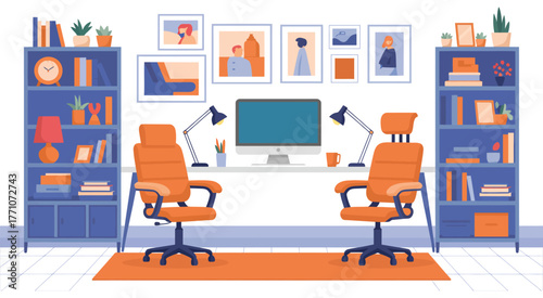 Modern workspace with two ergonomic office chairs, computer setup, indoor plants, and minimal furniture, stylish home interior design, productivity zone, and efficient work from home environment