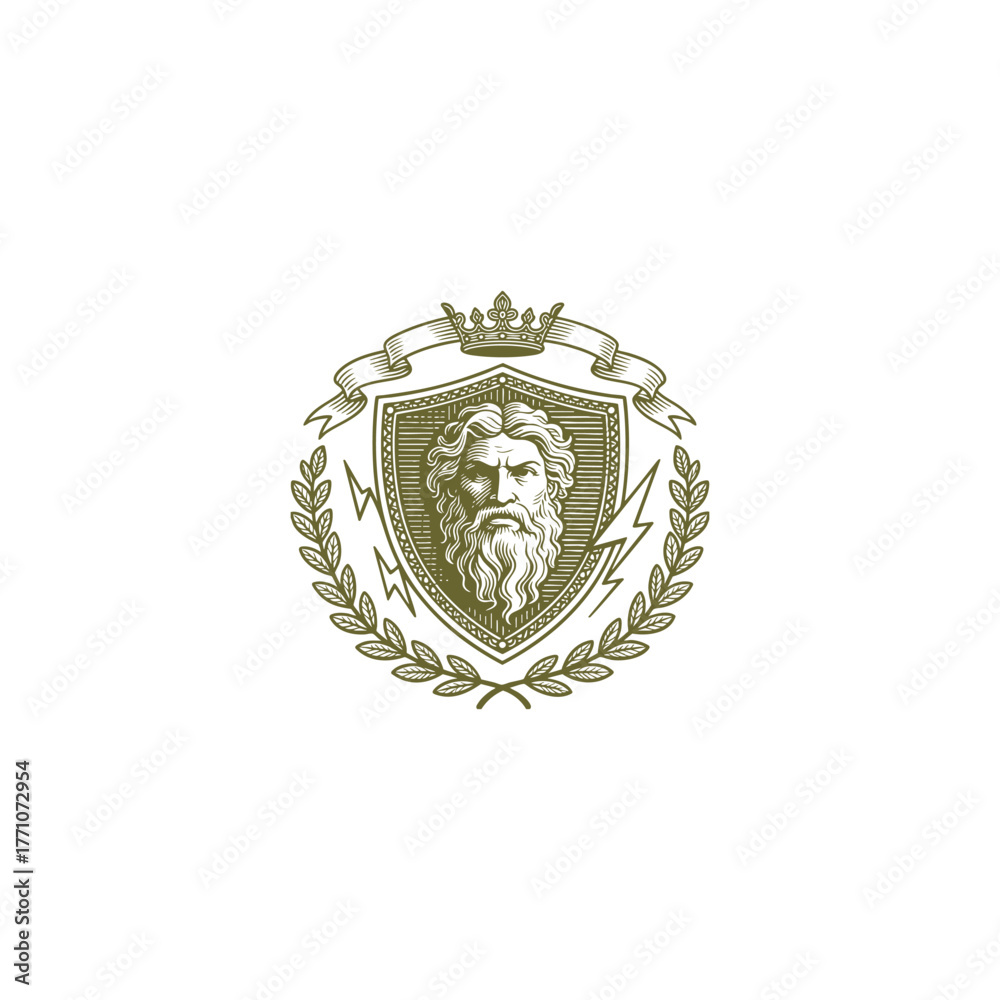 Fototapeta premium Vintage Zeus or Greek God crest logo vector illustration. Engraving style emblem featuring the King of Gods with a beard, surrounded by lightning bolts, a shield, crown, laurel wreath, and banner
