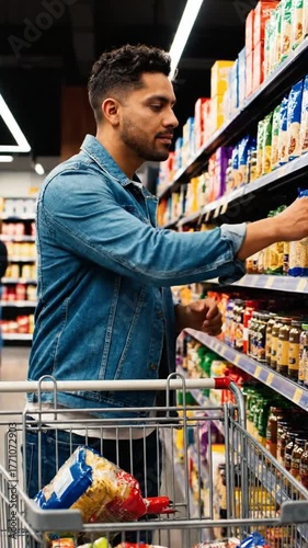 Man shopping in grocery store with cart filled with products