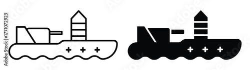 Minimalist Icon of a Ship with Cannons and Towers in Two Color Variants