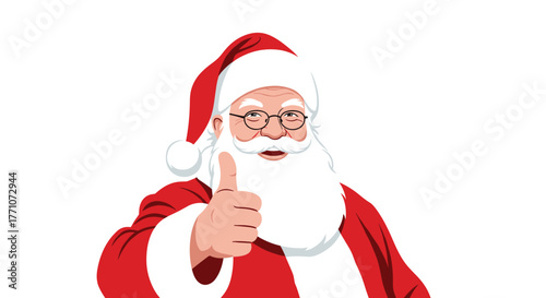 Jolly Santa Claus wearing a red suit and spectacles, giving a cheerful thumbs up gesture with a big smile, isolated on a white background.