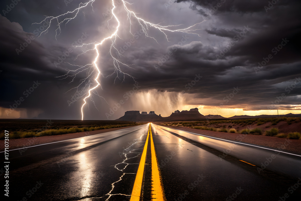 Obraz premium Lightning strike over deserted road and storm
