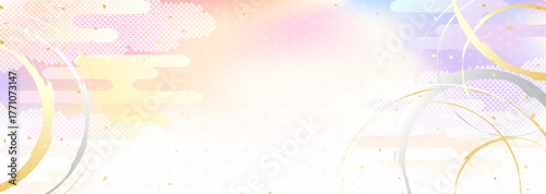 空のグラデーションと日本の伝統的な模様を組み合わせた和風背景イラスト