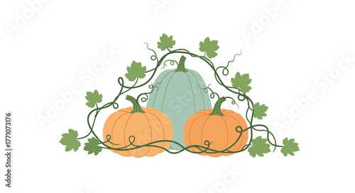 An illustration of three pumpkins, two orange and one pale green, beautifully intertwined with verdant autumn vines and leaves.