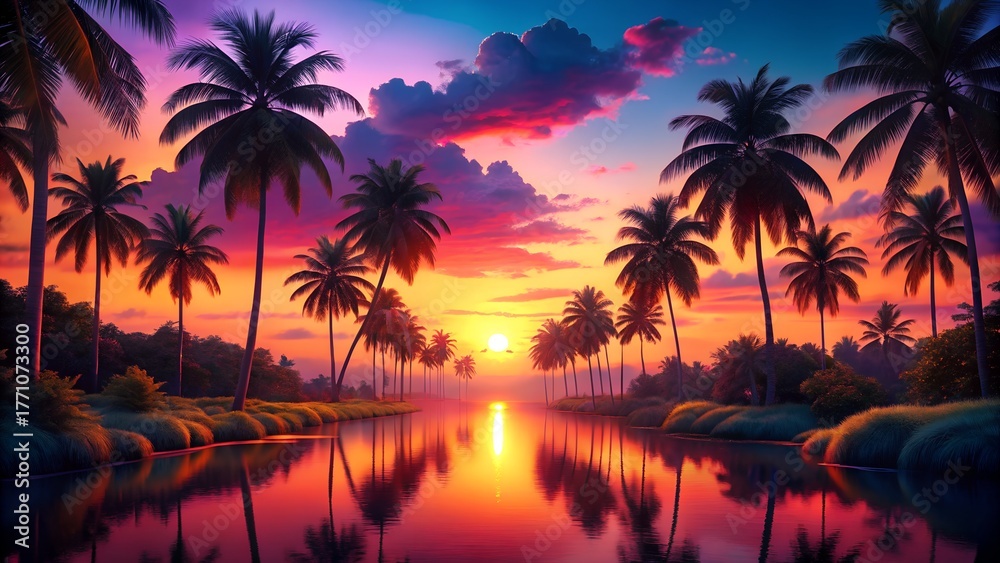 Obraz premium Vibrant tropical sunset over calm waterway lined with silhouetted palm trees and lush vegetation under a dramatic sky