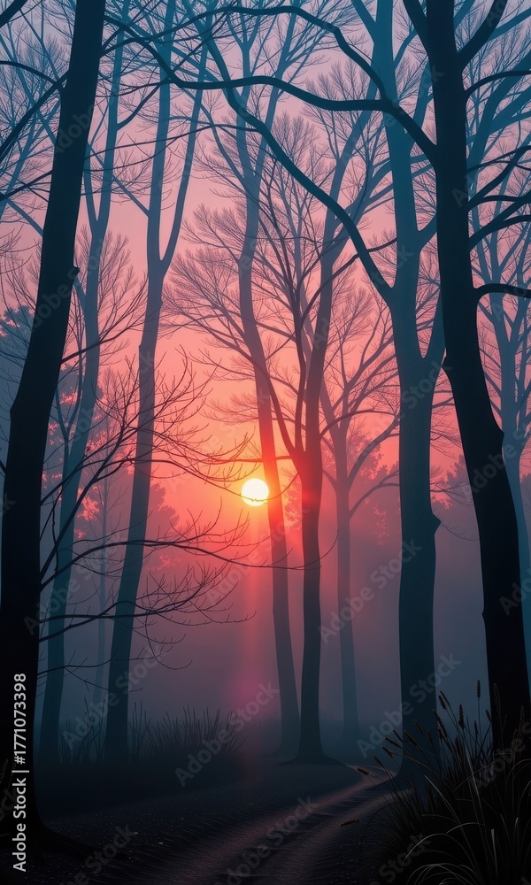 Obraz premium Crimson dawn breaks through a mist-shrouded woodland, painting ancient trees in ethereal light, light, mist