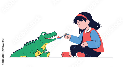 A young girl gently feeds a spoonful of food to a happy cartoon alligator, illustrating friendship and care.