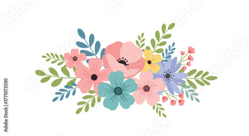 A charming arrangement of pastel-colored, stylized flowers and leaves creating a vibrant and cheerful decorative bouquet on a white background.