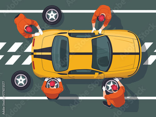 Overhead view of formula 1 pit stop with racing crew frantically changing tires on high-speed race car, teamwork, precision, fast-paced motorsport action, professional pit crew efficiency, and adrenal