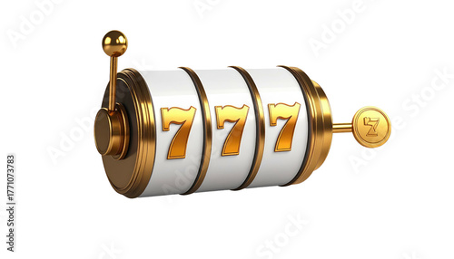 Golden rimmed, white-faced, three-dialed slot machine with three '7' icons, rendered against a plain black background