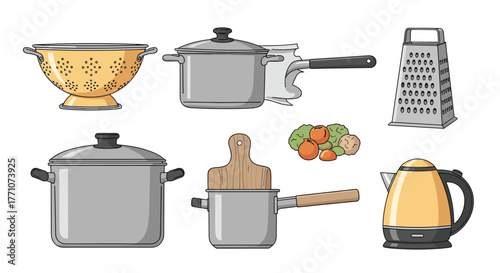 Collection of essential kitchen utensils and fresh vegetables, ready for cooking and meal preparation.