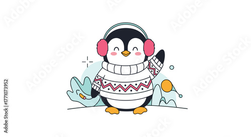 A charming cartoon penguin dressed in a cozy winter sweater and pink earmuffs waves its flipper happily.